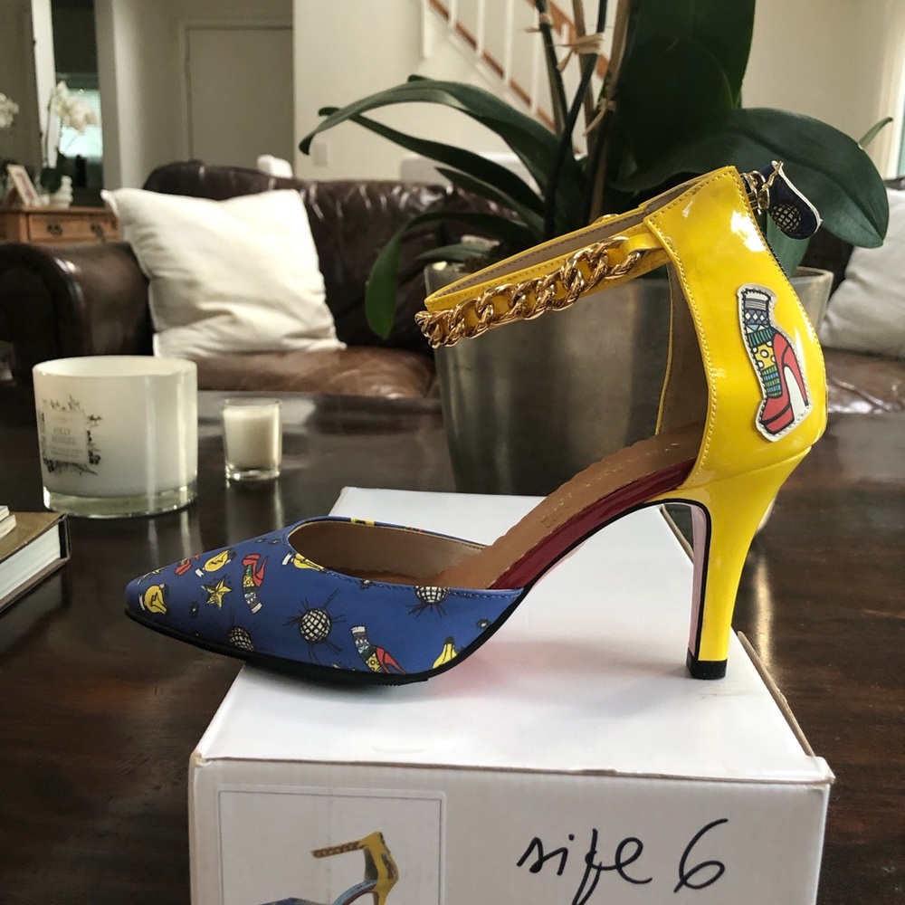Bold Yellow and Blue Patterned Ankle-Strap Heel Grape Vine